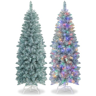 COSTWAY 150cm künstlicher Weihnachtsbaum Bleistift, LED Tannenbaum mit Beleuchtung, schlanker Christbaum mit mehrfarbigen Lichtern, Kunstbaum mit Metallständer für Weihnachten, Grün+Weiß