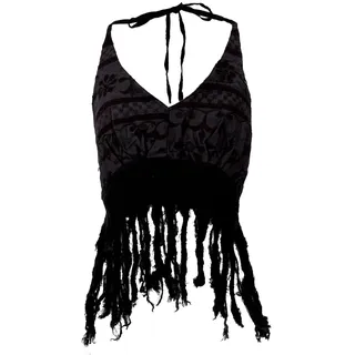 GURU SHOP Goa Top, Psytrance, Bandeau Top, Rückenfreies Fransentop - Schwarz, Damen - 36