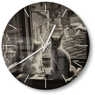 DEQORI Wanduhr 'Katzen auf Fensterbrett' (Glas Glasuhr modern Wand Uhr Design Küchenuhr) schwarz 30 cm x 30 cm
