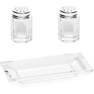 Brillibrum Design Mini Salzstreuer Glas Feinsilber Ministreuer Universalstreuer Gewürz Pfefferstreuer (8-Eckig, 2 Streuer mit Tablett)