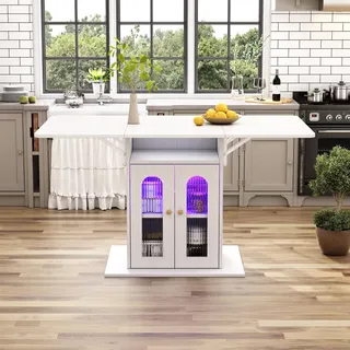 Merax Moderner klappbarer Esstisch mit LED-Beleuchtung, ausziehbarer Esstisch mit Stauraum und Glas-Schiebetüren, 140×78 cm, Faltbarer Küchentisch, ideal für Esszimmer und Küche Weiß