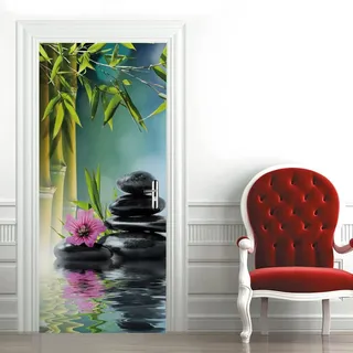 Türtapete Selbstklebend 77x200 cm Türfolie Selbstklebend Orchidee Türaufkleber Türposter Steinbambus Türsticker Fototapete 3D Effekt für Schlafzimmer Wohnzimmer Küche 1820A