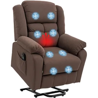 HOMCOM Fernsehsessel mit Aufstehhilfe Elektrischer Relaxsessel Dunkelbraun | Massagesessel, TV-Sessel mit Liegefunktion, Wärmefunktion, Massagefunktion, Fernbedienung, USB-Anschluss, Seitentasche