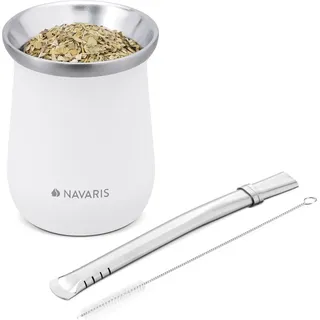 Navaris Yerba Mate Tee Set - Mate Tee Becher - Tee Tassen Set - Einfache Zubereitung und Reinigung - Mate Becher - Strohhalm und Bürste - - Weiß