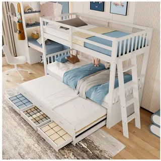 Ulife Etagenbett Kinderbett Holzbett Jugendbett Kiefer, Ausziehbett 3 Liegefläche und 3 Schubladen weiß