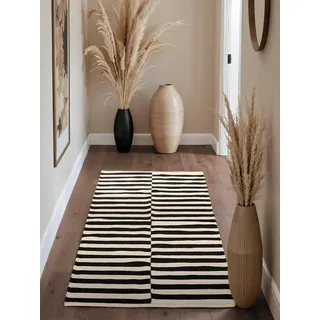 HANSE HOME Vika - Natur Woll-Läufer - Handgewebt & Natürlich - Streifen Design Wolle Modern für Wohnzimmer, Schlafzimmer, Esszimmer, Flur - Schwarz Weiß, 80x200cm