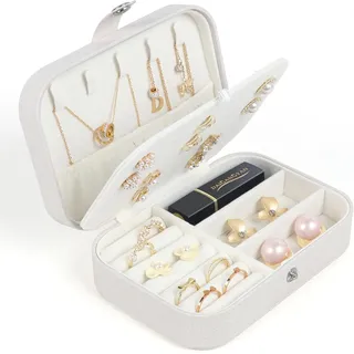 Schmuckkästchen Reise, Schmuckkasten klein, Reiseetui Schmuck organizer, Tragbarer Schmuckaufbewahrung für Ohrringe Halsketten Armbänder Ringe, Geschenkidee für Frauen Mädchen - Weiß