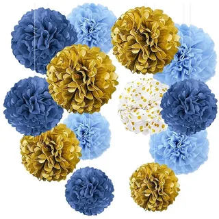 luxuskollektion Pompons Deko Seidenpapier Lampions Hochzeit Einschulung Gold Blau