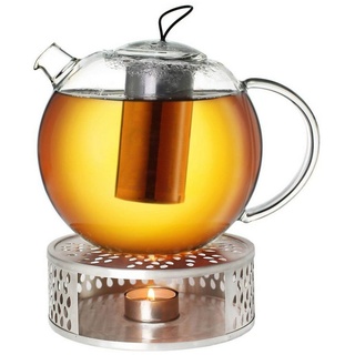Creano Teekanne Creano Teekanne aus Glas 2,0l Jumbo + ein Stövchen aus Edelstahl, 2 l, (Set), Mit Silikonschlaufe weiß