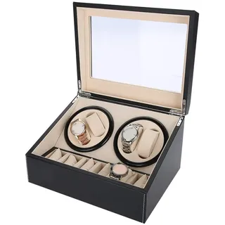 Uhrenbeweger Box, automatisch, 4 Uhren, 6 Uhrenplätze | PU-Leder, Leiser Drehantrieb, Uhrenbox für Zuhause und Uhrengeschäft, 31 X 24 X 18 Cm, 6 Fächer, Display