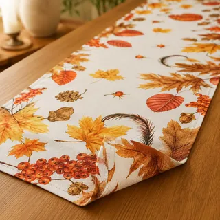 KAMACA Tischläufer 40x90 cm Herbst Impressionen Blätter Beeren Tischdeko | Herbstlicher Tischläufer mit buntem Laub, Beeren und Naturmotiven – 40 x 90 cm, Polyester, pflegeleicht, waschbar