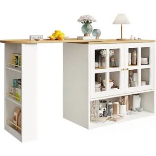 MODFU Sideboard 138x39x103 cm ausziehbar bis 204 cm Weiß mit 360 Grad Drehfunktion Glastüren verstellbaren Einlegeböden und offenem Regal