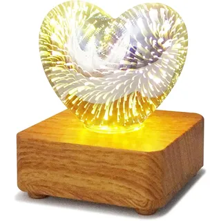 KINGCOO 3D Feuerwerk Nachttischlampe, LED Glas Kugel Tischlampe Schlafzimmer Atmosphäre Nachtlicht Ornamente Bürodekoration für Kinder Frauen Geburtstag Valentinstag Heimgeschenke (Herz-1)