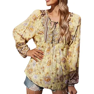 SKFLABOOF Bluse Damen Elegant Boho Kleidung V-Ausschnitt Blumenmuster Tunika Hippie Bluse Langarm Hawaii Hemd Casual Sommer Tops Oberteil