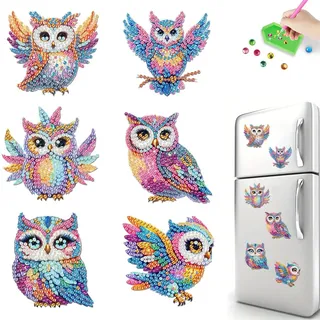 Diamond Painting Kühlschrankmagnete, 6 Stück Diamant Malerei Kühlschrankmagnet Aufkleber, DIY Diamond Painting Magnete Aufkleber für Kühlschrank Whiteboards, Pinnwand, Geschenk-Eule