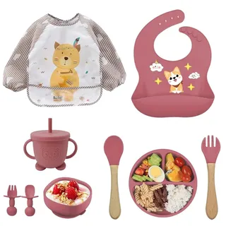 Omgoods – Silikon-Baby-Geschirrset – 10-teiliges Kinderset mit Saugnapf und Besteck - Rosa
