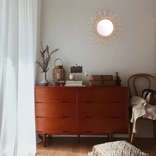 40 Cm Großer Hänge-wandspiegel, Sonnenblumenmotiv Aus Rattan, Boho-dekoration, Runder Schminkspiegel Aus Weide