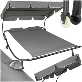 tectake Sonnenliege, Doppelliege, Outdoor Liege für 2 Personen, Gartenliege mit Sonnendach, Relaxliege, Sonnenliege mit Dach, inkl. 2 Kissen, ideal für Garten oder Balkon - schwarz/grau