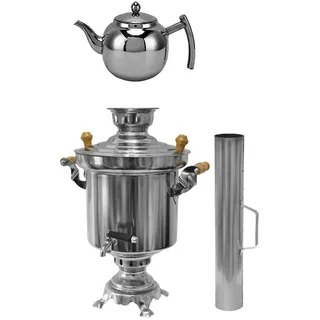 Russischer/Türkischer Holzkohle Samowar aus Edelstahl 5 Liter mit Teekanne
