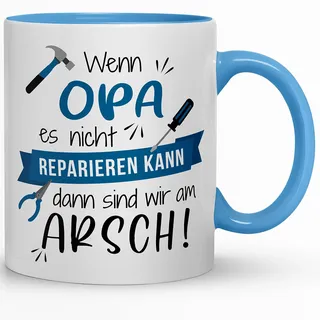 Tasse Wenn Opa es nicht Reparieren kann | Lustiger Kaffeebecher für Opa | Geschenkidee zum Geburtstag oder Weihnachten | 330 ml Keramiktasse - Spülmaschinenfest, Farbe: Hellblau