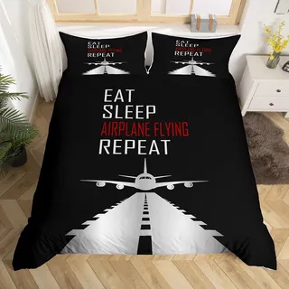Flugzeug Bettbezug Set S Größe,Fliegende Flugzeug Bettwäsche Set Kinder Jungen Teens Männer Zimmer Dekor,Moderne Flugzeug Silhouette Tröster Abdeckung Mode Schwarz Grau Quilt Cover,1 Kissenbezug