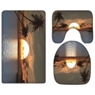 A.Monamour Badezimmer Badematte 3 Teilig Set Sonnenuntergang Ozean Meer Tropische Insel Palme Landschaft Für Toilettenzubehör Flanell Saugfähig Badteppiche Badvorleger Badgarnitur WC Vorleger