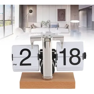 Vintage Retro Klapp-tischuhr ‚Äì Große Ziffern, Weiß, Edelstahl 304, Pvc-buchenholz, 12 Cm Hoch, 686 G ‚Äì Für Wohnzimmer/büro