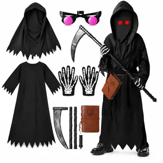 Lozzzyo Halloween Kostüm Kinder jungen, Sensenmann Kostüm Kinder mit Sensen Totenkopfhandschuhen LED Brillen und Todesbüchern, Horror Halloween Costume für Halloween und andere Kostümpartys