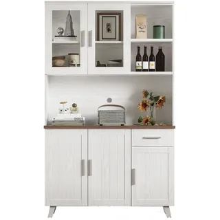 Hochschrank mit rustikalem Design und weißer Holzmaserung 114x40x190, 5 Türen,1 Schublade und 2 offene Fächer für Stauraum in Wohnzimmer und Esszimmer