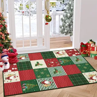 CAROMIO Maschinenwaschbarer Flächenteppich für Schlafzimmer Innenbereich Überwurfteppich Weihnachtsbaum Schneeflocke Dekorativer Wohnzimmerteppich, Rot/Grün 120 x 170 cm