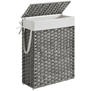 SONGMICS Wäschekorb schmal, Wäschesammler 55 L, Wäschebox, faltbar, 46 x 20 x 61 cm (aus synthetischem Rattan, geflochten), mit Deckel und Griffen, herausnehmbarer Wäschesack, taubengrau grau