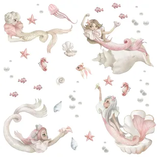 Wally Fox - Wandsticker Kinderzimmer Deko - Wandtattoo Babyzimmer - Kinderzimmer Deko Mädchen Wanddeko - 47 Aufkleber - Blau, Rosa, Lila, Grau, Meerjungfrauen L