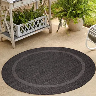 HomebyHome In & Outdoor Teppich Wetterfest Sisal Optik Schwarz 120 cm Rund - Balkon Teppich Wasserfest, Waschbar, Flachgewebe - Ideal für Küche, Camping, Garten und Terrasse