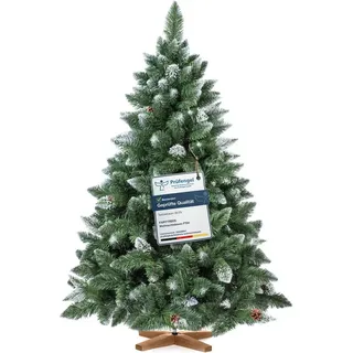 Fairytrees Künstlicher Weihnachtsbaum FT04, Kiefer Natur-Weiss beschneit, mit echten Tannenzapfen und Echtholz Baumständer grün 150 cm