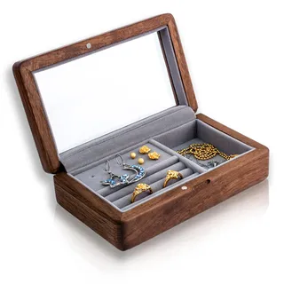 IRIVER BALNK HOCHWERTIGE SCHMUCKSCHATULLE AUS WALNUSS-HOLZ: Handgefertigte Reise-Schmuckbox für Ringe, Ohrringe und Kleinigkeiten. Mit Samtfutter – Das ideale Geschenk für Hochzeit, Weihnachten