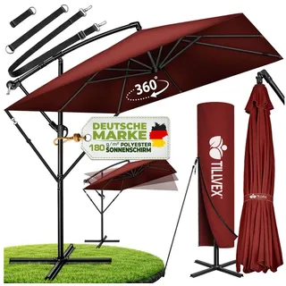 tillvex Sonnenschirm tillvex® Sonnenschirm eckig 235 x 235 cm Ampelschirm Gartenschirm, Kurbelschirm Marktschirm wasserdicht 360° drehbar, mit Kurbel & Windschutz Gartenschirm Aluminium, Alu Ampelschirm Ø 330 cm Rechteckig + Abdeckung rot