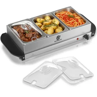 SUPERLEX Warmhaltebehälter 2in1 Warmhalteplatte Buffetwärmer Edelstahl 200W | Speisewärmer mit 3x1,2L Speisebehältern, gleichmäßige Wärme, Wärmebehälter für Speisen, ideal für kleine Buffets,Partys,Hause