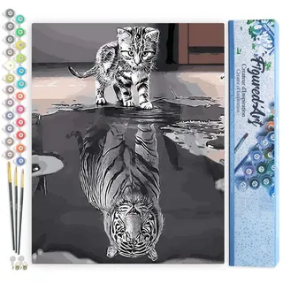 Figured'Art Malen Nach Zahlen Erwachsene Katze und weißer Tiger - Paint by Numbers Basteln DIY Bastelset 40x50cm ohne Holzrahmen