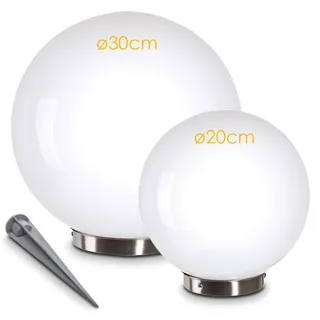 Solarleuchte Nassau, Kugellampe 2er Set, Kugelleuchten aus weißem Kunststoff, Ø 20 und 30 cm mit Erdspiess, Außenleuchten mit Ein/Aus-Schalter, Solarlampen mit Dämmerungsschalter