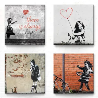 Banksy Bilder 4-er Set als Leinwandbilder. Jedes Bilderset-E Wandbild ist 50x50cm groß und Aufhängefertig zum Dekorieren. Banksy Graffiti Kunst für die 4 Wände. Ideal auch zum verschenken