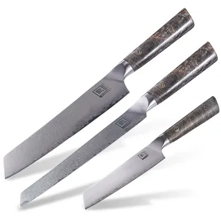 Zayiko 3er Damastmesser Set Professional Series inkl. Kombischleifstein Körnung #1000/6000 und Schleifhilfe