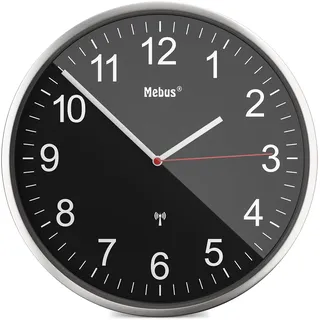 MEBUS Funkwanduhr, Wanduhr groß, Funkuhr modern, Aluminium-Rahmen mit gut ablesbaren Ziffern, Bahnhofsuhr, Wohnzimmer, Büro, Farbe: Silber/Schwarz, Durchmesser 30 cm, Modell: 19578