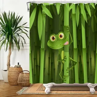 120 X 180 Cm Großer Duschvorhang Mit Niedlichem Froschmotiv, Lustiges Frosch-bambus-cartoon-abstrakt-tier-baumblätter-grün-badewannenvorhang Für Kinderbadezimmer, Polyester Mit Haken