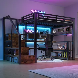 Merax Hochbett 140x200 cm mit Schreibtisch, Treppe und Rausfallschutz, Funktionsbett Kinderhochbett mit LED, Lagerregal, Gitterwand, 2 USB + 1 Typ-C, Bettgestell aus Metall (ohne Matratze), Schwarz