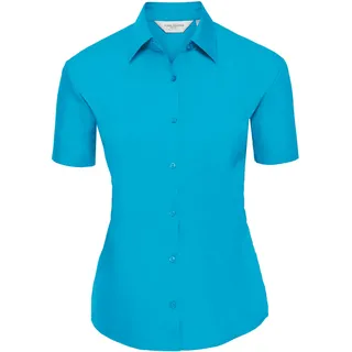 Russell Collection Klassische Baumwollmischgewebe Popeline Bluse - Kurzarm, turquoise, L