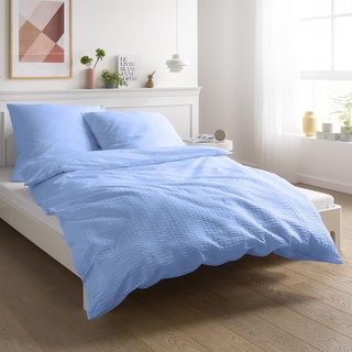 Carpe Sonno Seersucker Bettwäsche 155 x 220 cm Baumwolle - 2tlg Bettwäsche Sommer Kühlend - Set aus Deckenbezug + Kissenbezug - mit Reißverschluss - Sommerbettwäsche Bügelfrei - Hellblau