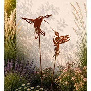 Terma Gartenstecker Set Rost Vogel Kolibri XXL Gartenfigur groß, Metallfigur Garten Tiere Figuren für den Garten rostdeko Figur Tiere aus rost deko Metall