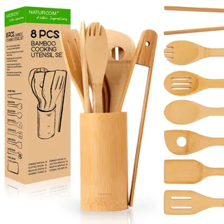 Naturoom Küchenutensilien-Set aus 8 Stück, 30,5 cm Bambus-Holz-Kochlöffel & Pfannenwender Perfekt für Antihaft-Kochgeschirr (Bambus 30,5 cm)