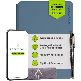 Rocketbook PRO 2.0 Wiederverwendbares Digitales Notizbuch A4 Stahlblau Elektronischer Notizblock mit 20 Blatt Liniert und mit Punktraster, Hardcover Veganes Leder mit inkl. Pilot Frixion Stift