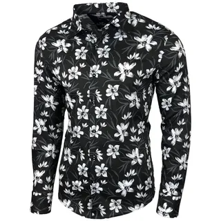 Baxboy Langarmhemd Baxboy Herren Hemd Freizeitshemd Langarm Blumen Casual Shirt schwarz XL